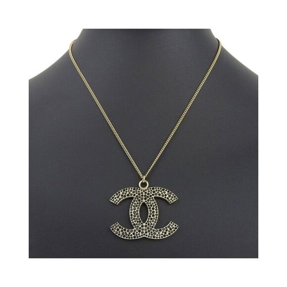 Pre Loved Chanel CC Logo Pendant Necklace Black Crystal Women Gold - Picture 2 of 6